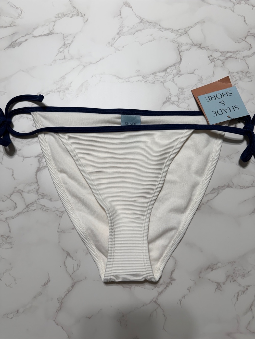 Shade & Shore White Ribbed Bikini Bottom with Navy Tie Sides
